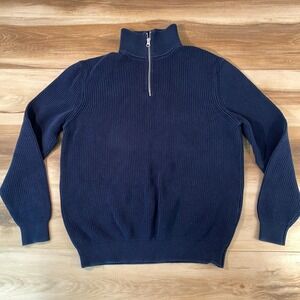 Zara Quarter Zip Sweater Navy Blue Ribbed Knit 100% Cotton XL Mens Mock Neck